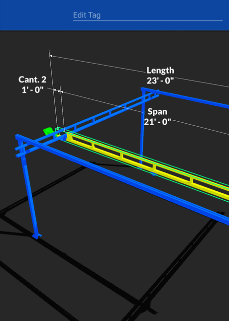 A visualization of a freestanding crane and dimensions in Crane Brain 3D