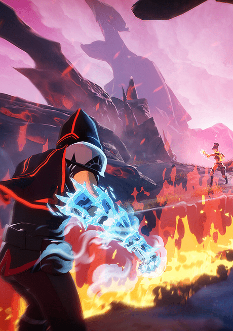 Two Spellbreak mages facing off between a chasm of fire